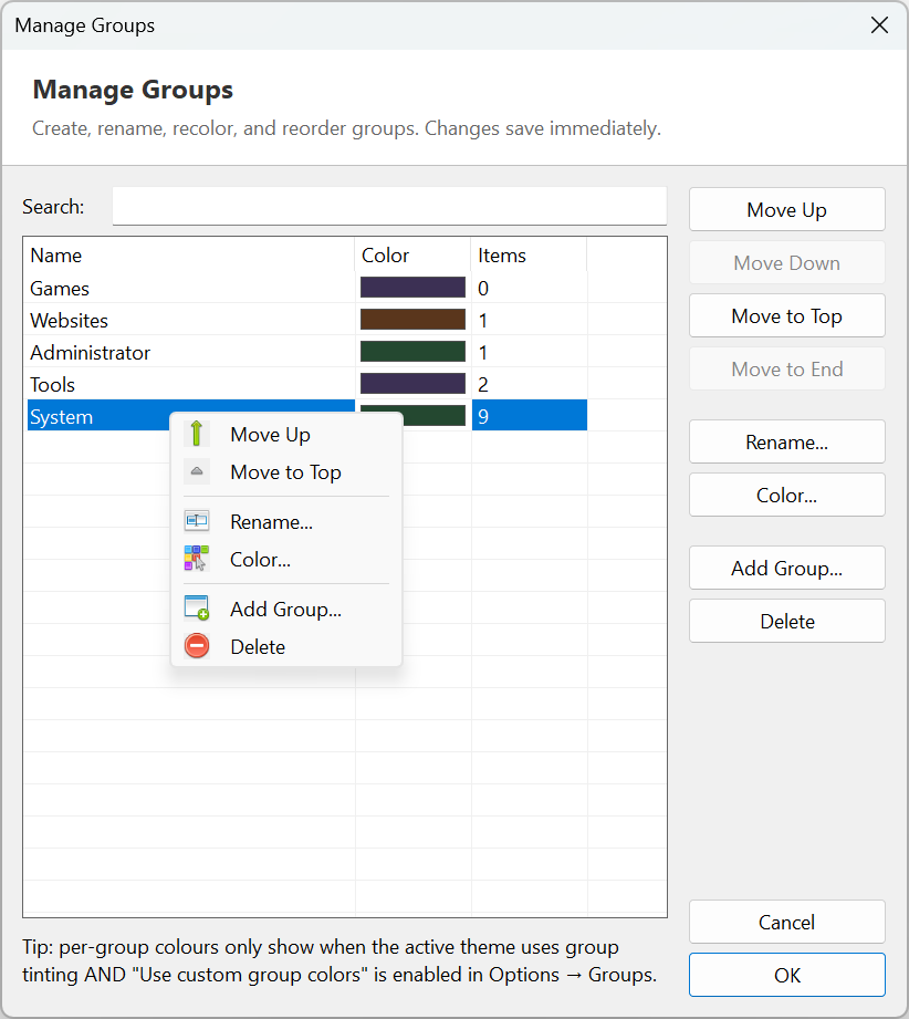 Deck Launcher manage groups screen screenshot