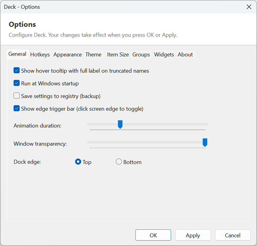 Deck Launcher options general screen screenshot