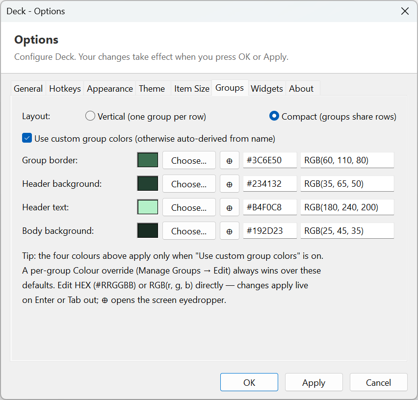Deck Launcher options groups screen screenshot