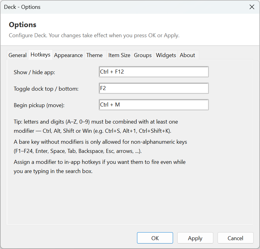 Deck Launcher options hotkeys screen screenshot